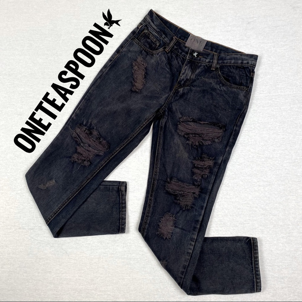 One Teaspoon Awesome Baggies Distressed Relaxed Skinny Ankle Dark Wash Jeans